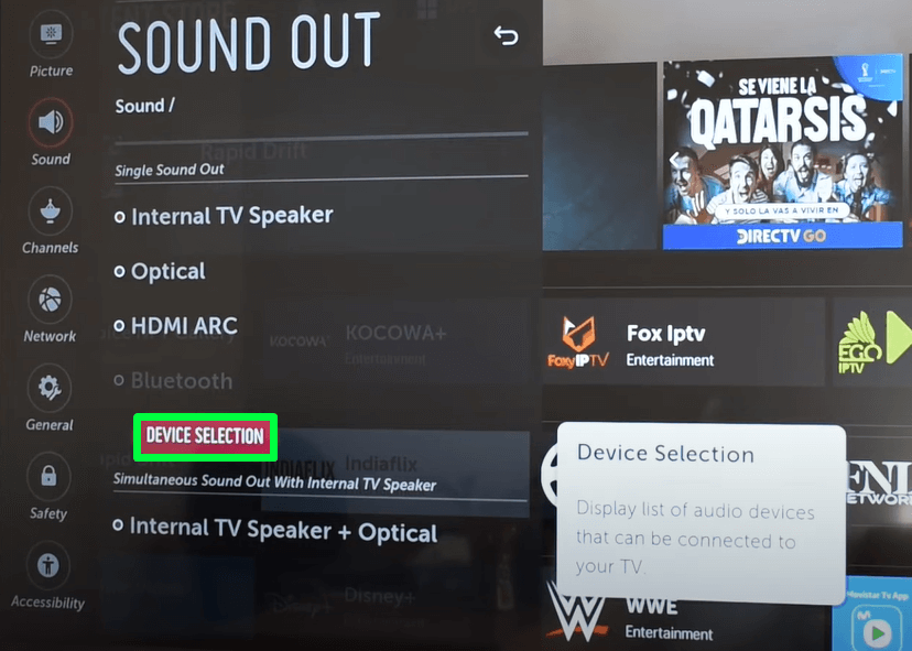 Choose Device Selection to connect a Bluetooth device to LG TV