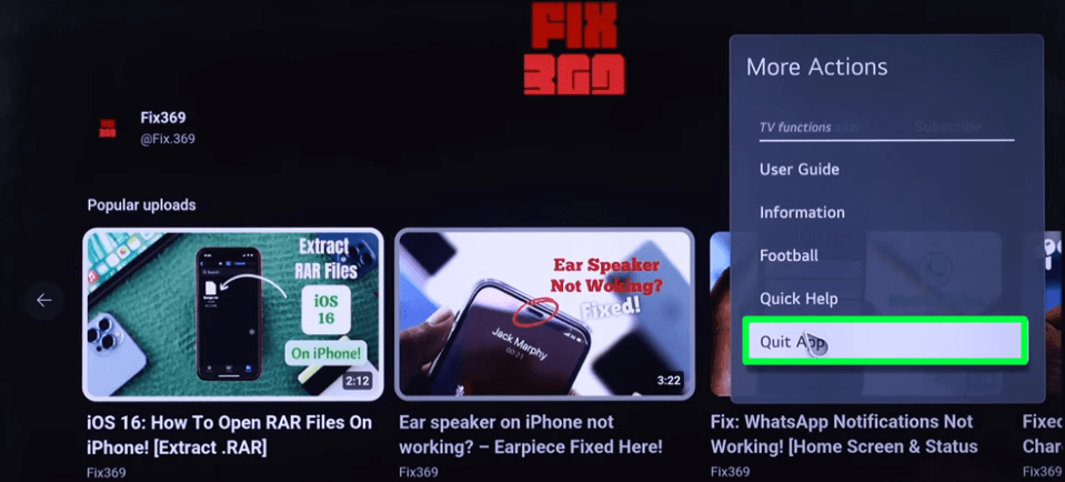 Select Quit app option to close apps on LG TV
