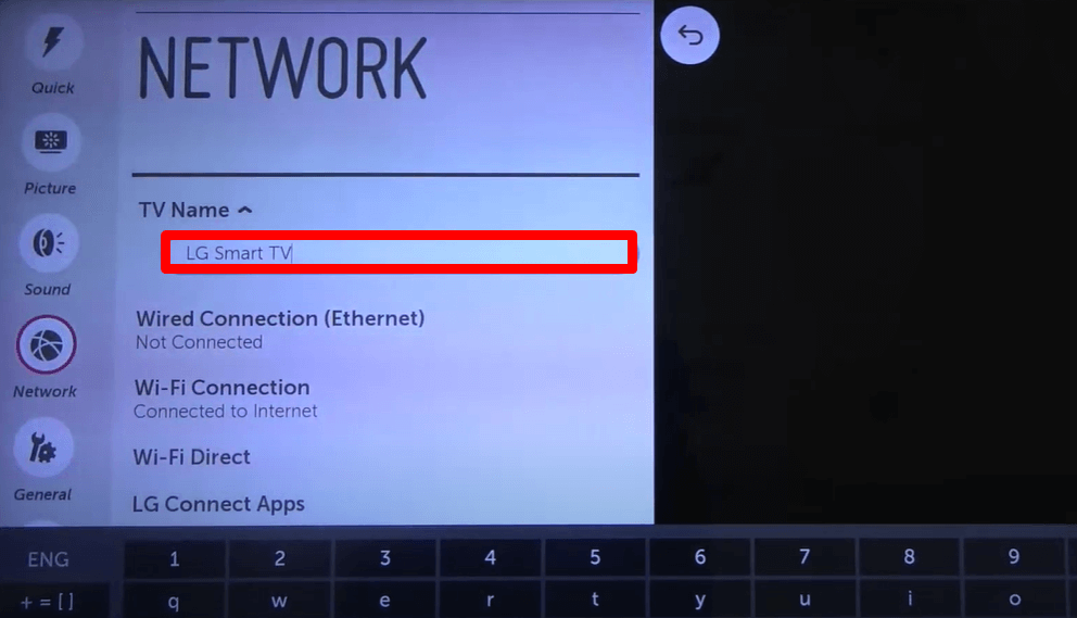 Type in and rename your LG TV name using TV settings