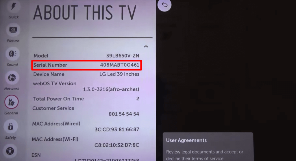 Navigate LG TV Serial Number via Settings