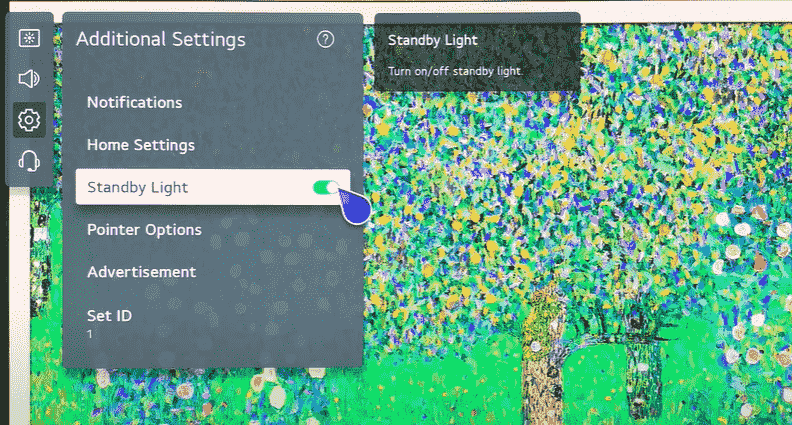 Turn off the toggle and Standby Mode light on LG TV