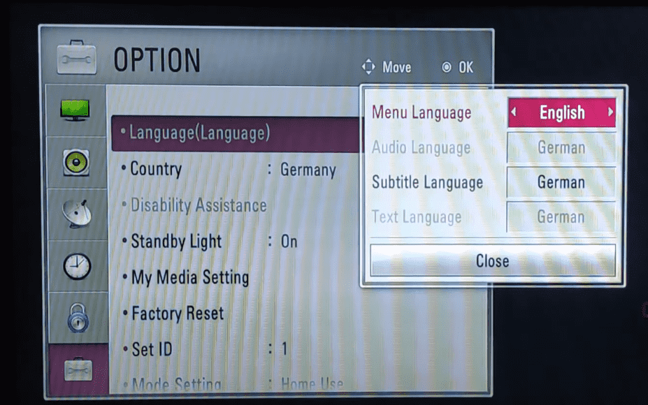 Select an option and change the language of it on LG TV