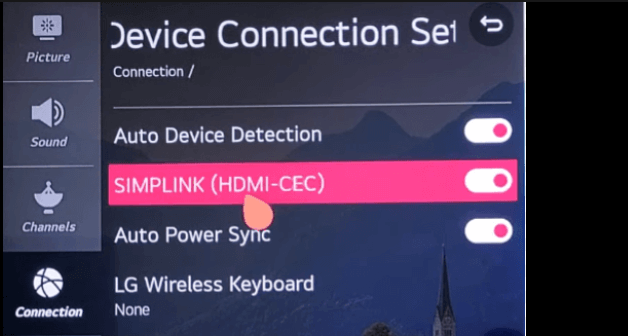 Turn on SIMPLINK to control your soundbar with LG TV remote