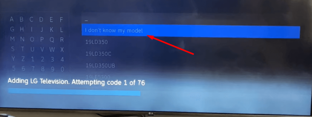 Select I don't know my model on DirecTV to program the remote to LG TV