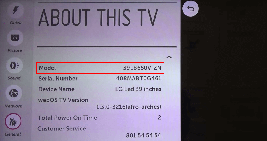 LG TV model number