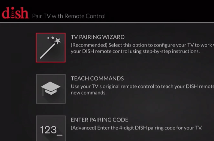 Click on TV pairing Wizard option on Dish