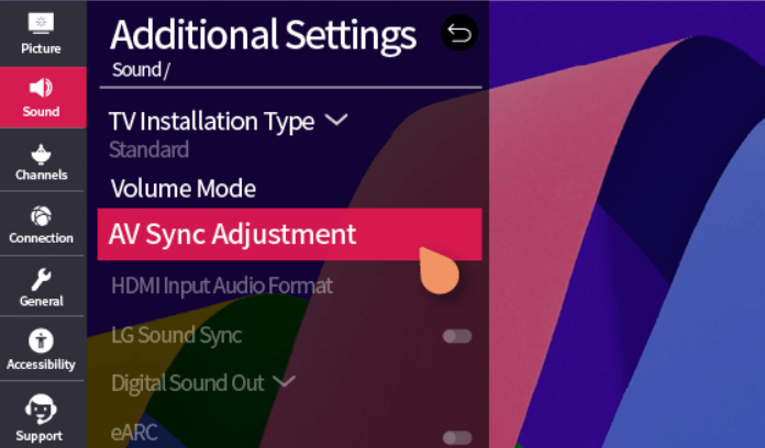 Enable AV Sync Adjustment on LG TV to fix the out of sync audio issue