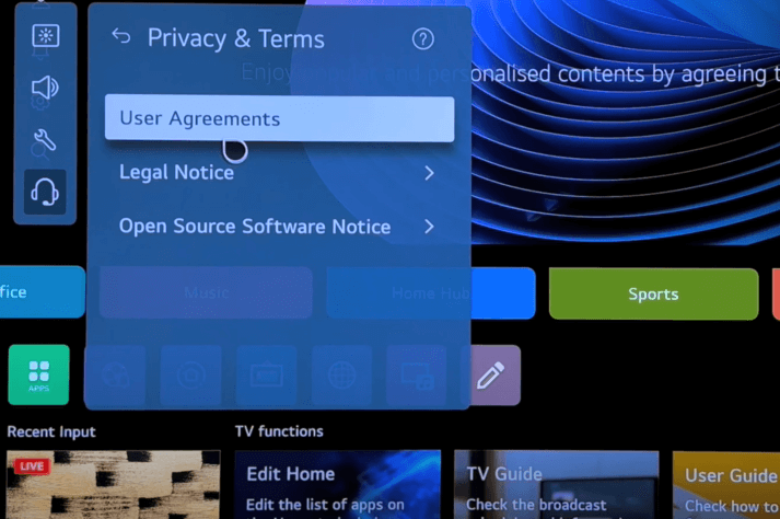 Uncheck User agreements to block ads on LG Smart TV