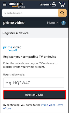 Tap on Register Device button to sign in Prime Video app on LG TV