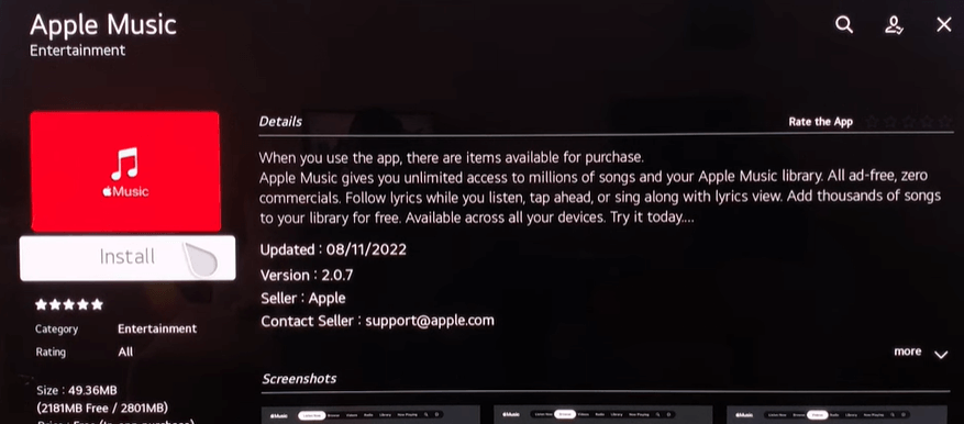 Tap on the Install button to get Apple Music on LG TV