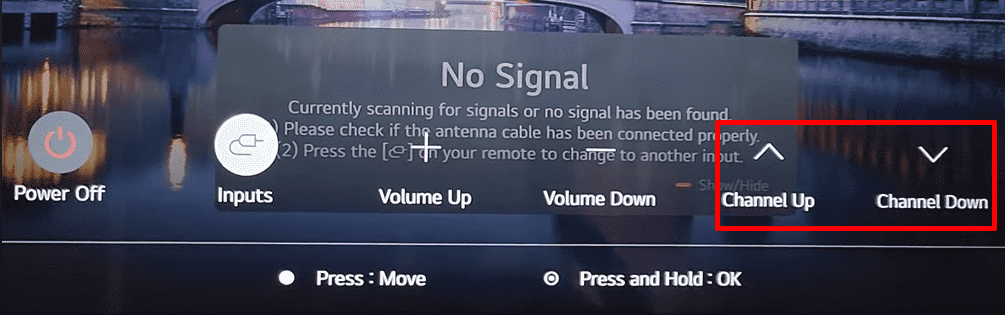 Choose Channel Up or Down and change channels on LG TV without remote