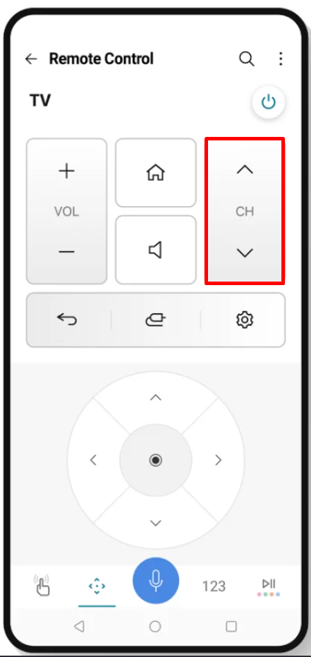 Tap on CH +/- on LG ThinQ mobile app