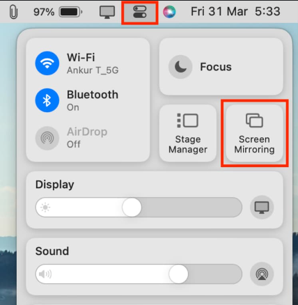 Select Screen Mirroring icon from the Mac Control Center