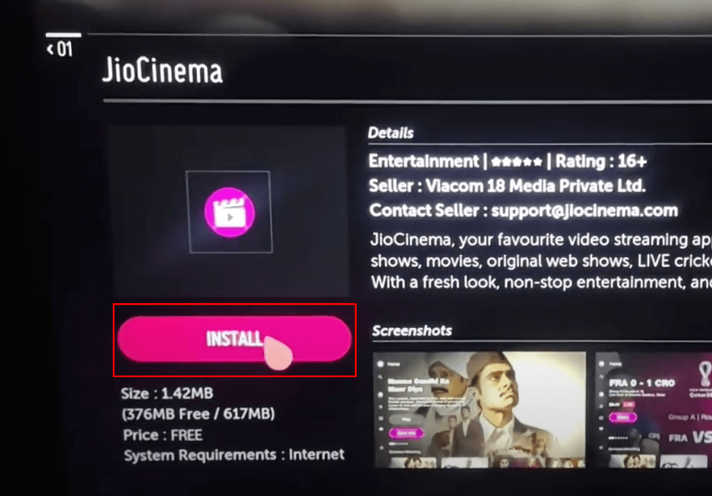 JioCinema on LG TV - Select the Install button