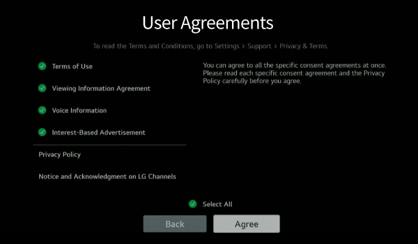 Check out every user agreement on your LG TV