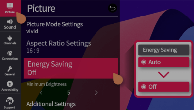 Turn off Energy Saving to fix the LG TV screen that is too dark