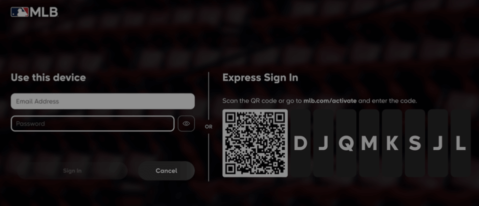 Login Page of MLB TV app