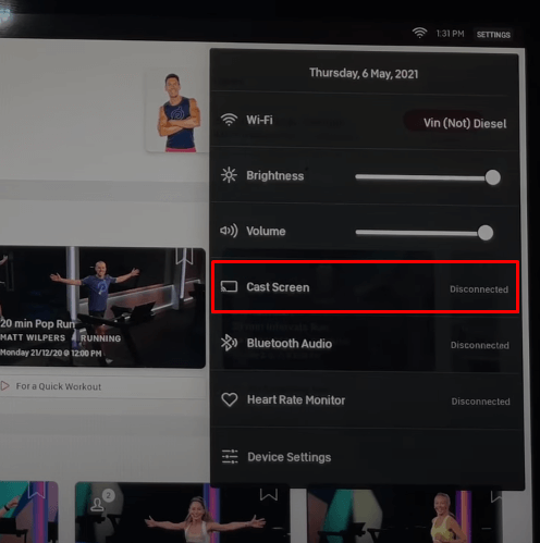 Click on Cast Screen to Miracast Peloton to LG Smart TV