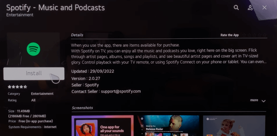 Click on Install button to get the Spotify app on your LG Smart TV