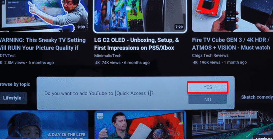 Click on Yes to add the app to LG TV Quick Access