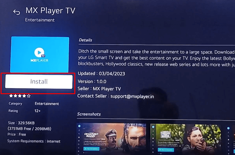 MX Player on LG TV - Select the Install button