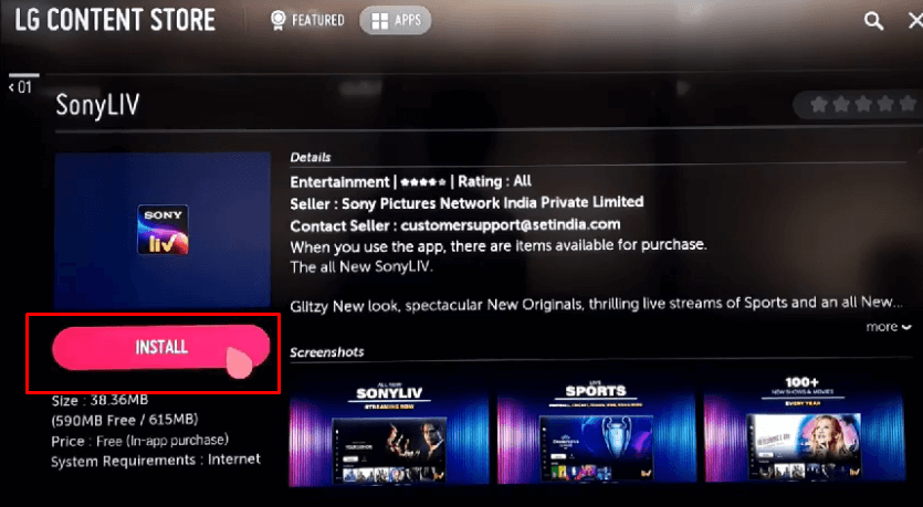 SonyLIV on LG TV - Select the Install button