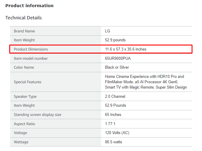 Product dimension for LG TV on Amazon