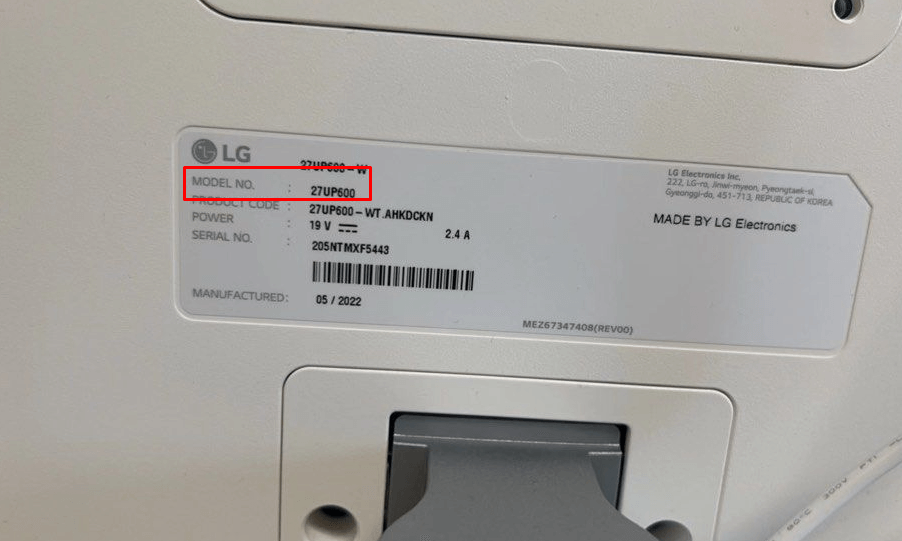 LG Monitor Model Number - Locate from the back panel