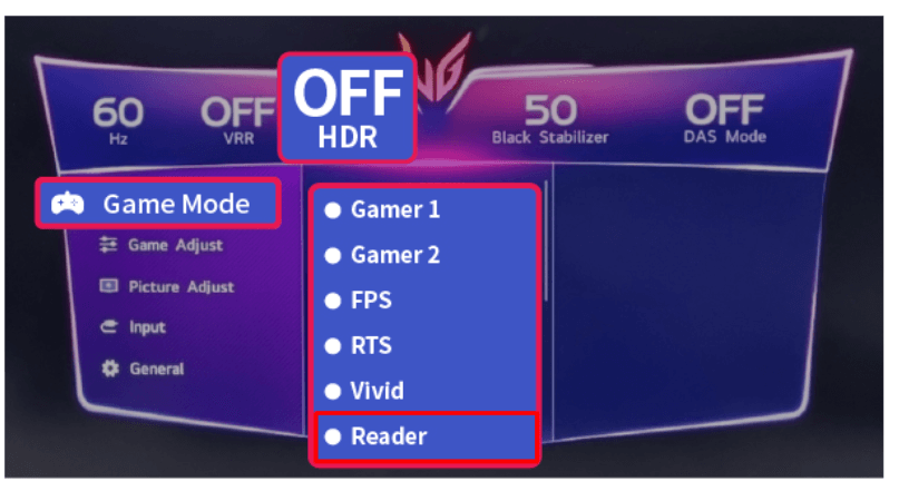 LG Monitor Reader Mode - Select Reader Mode