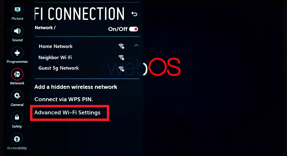 Click Advanced WiFi Settings on LG TV